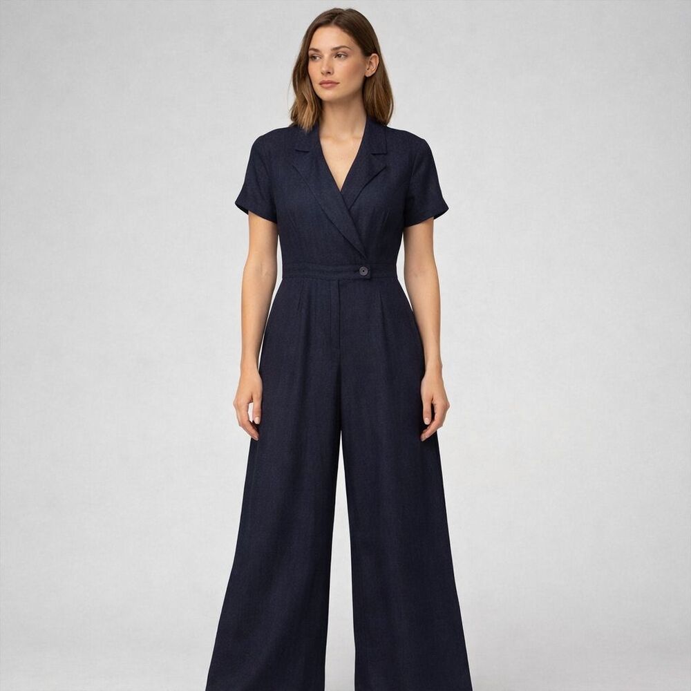Francesca Linen Blend Wide Leg Jumpsuit Womens Sz S Navy Preppy Nautical Coastal